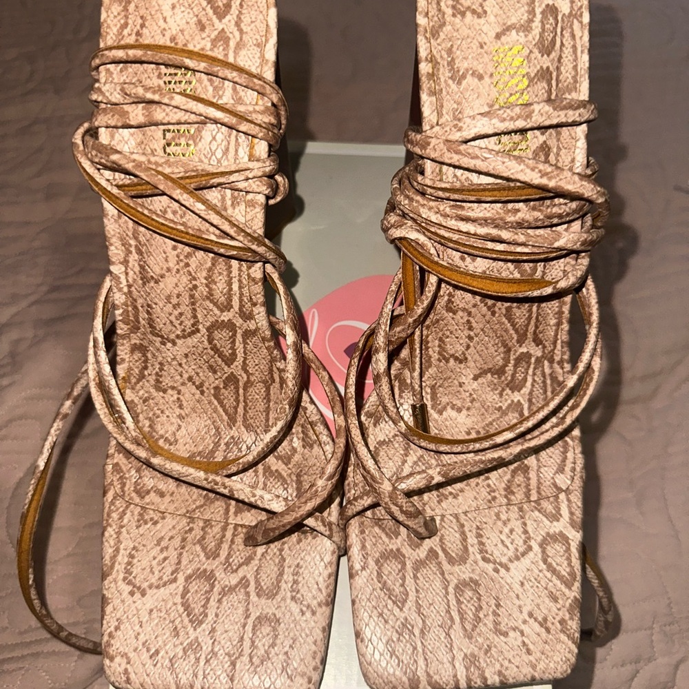 Lola Shoetique Taupe Snake-Print Strappy Heels